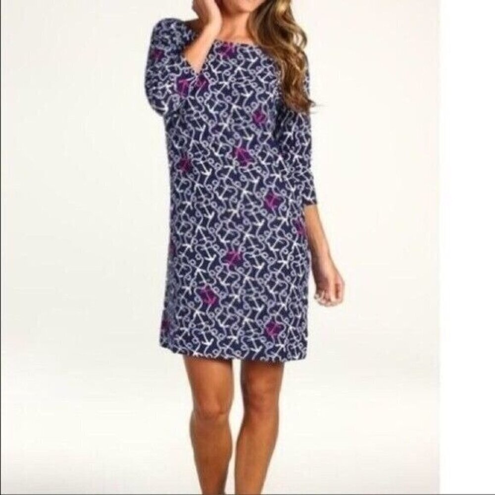 Lilly Pulitzer Cassie Dress in Ahoy There Cruise Navy & Pink Knit 3/4 XS Knit‎
